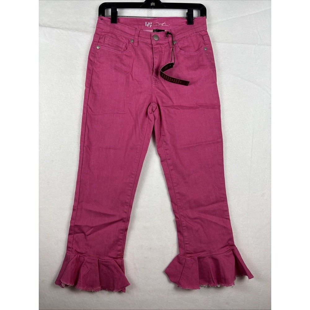 DG2 Diane Gilman Wide-Leg Curved Ruffle Raw-Hem Cropped Jean -PINK-Size 4